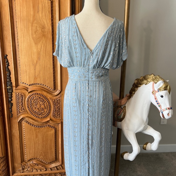 NTW Mac Duggal Size 6 Blue Beaded Empire Waist Column Midi Cocktail Dress 93649 - Picture 7 of 10